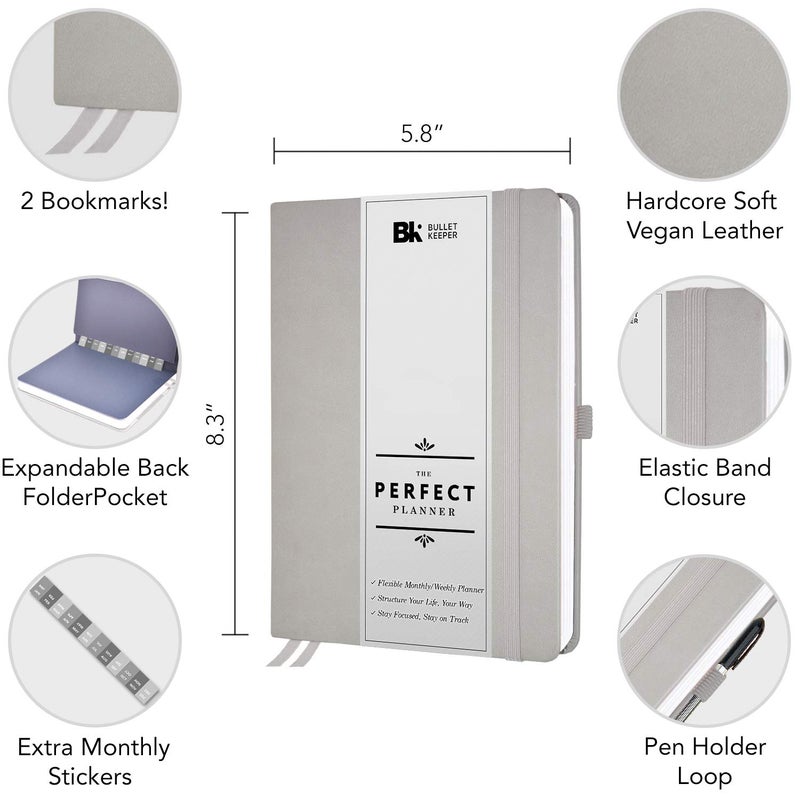 BK UNDATED Yearly Weekly/Monthly Planner 2026-27 Daily Planner Agenda & Personal Organizer to Increase Productivity, Academic Planner w/Sticker Set. A5 (5.8 x 8.3) - Gray Hardcover - Image 3